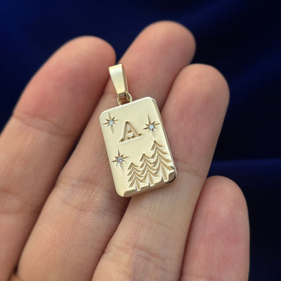 14k Yellow Gold Initial A, Stars with Diamond, Trees Engraved in Rectangular Custom Pendant, copy hand engraving on the back