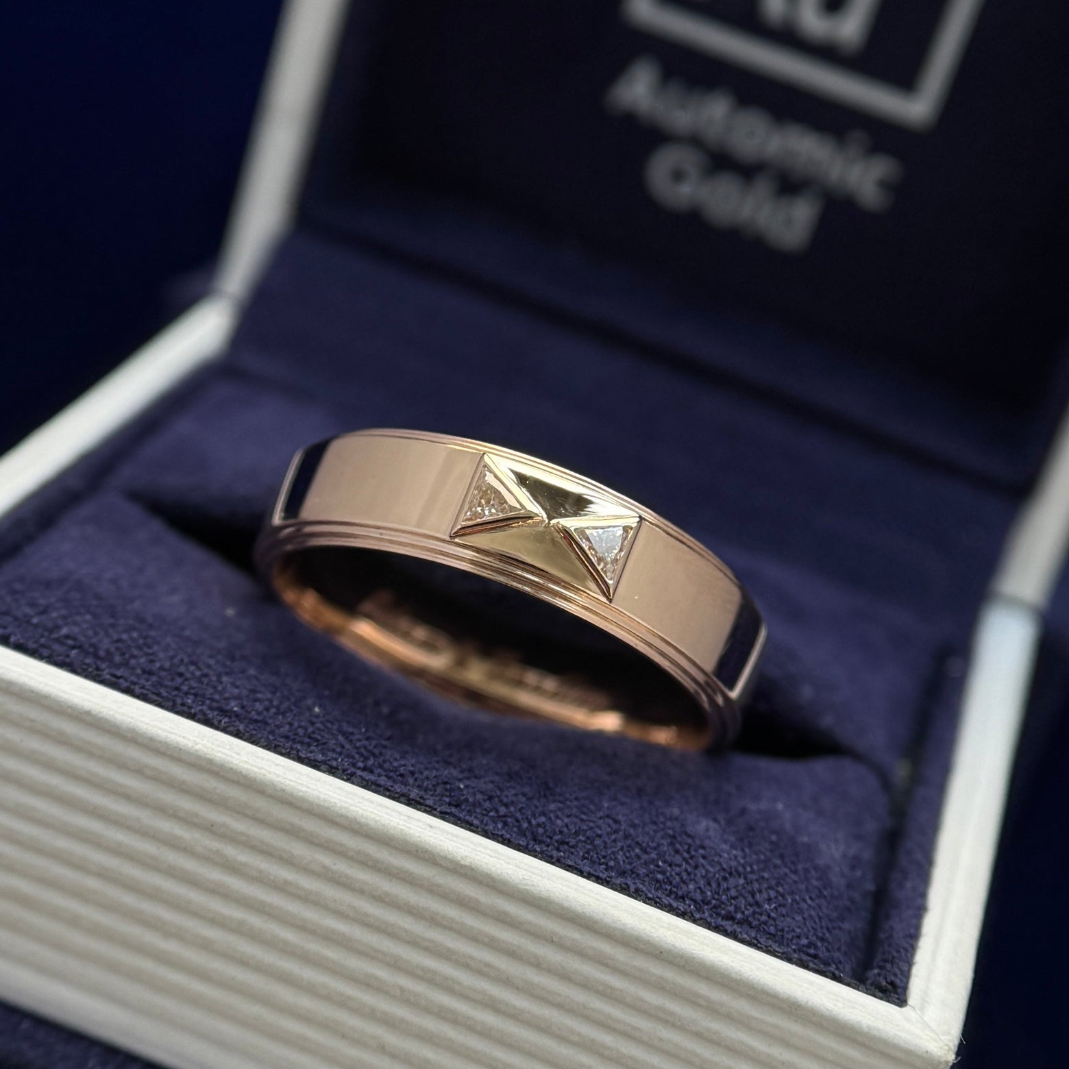 14k Rose Gold and Bezel-set 2 Triangle Diamonds on 6mm Staircase Edge Custom Ring size 11.5