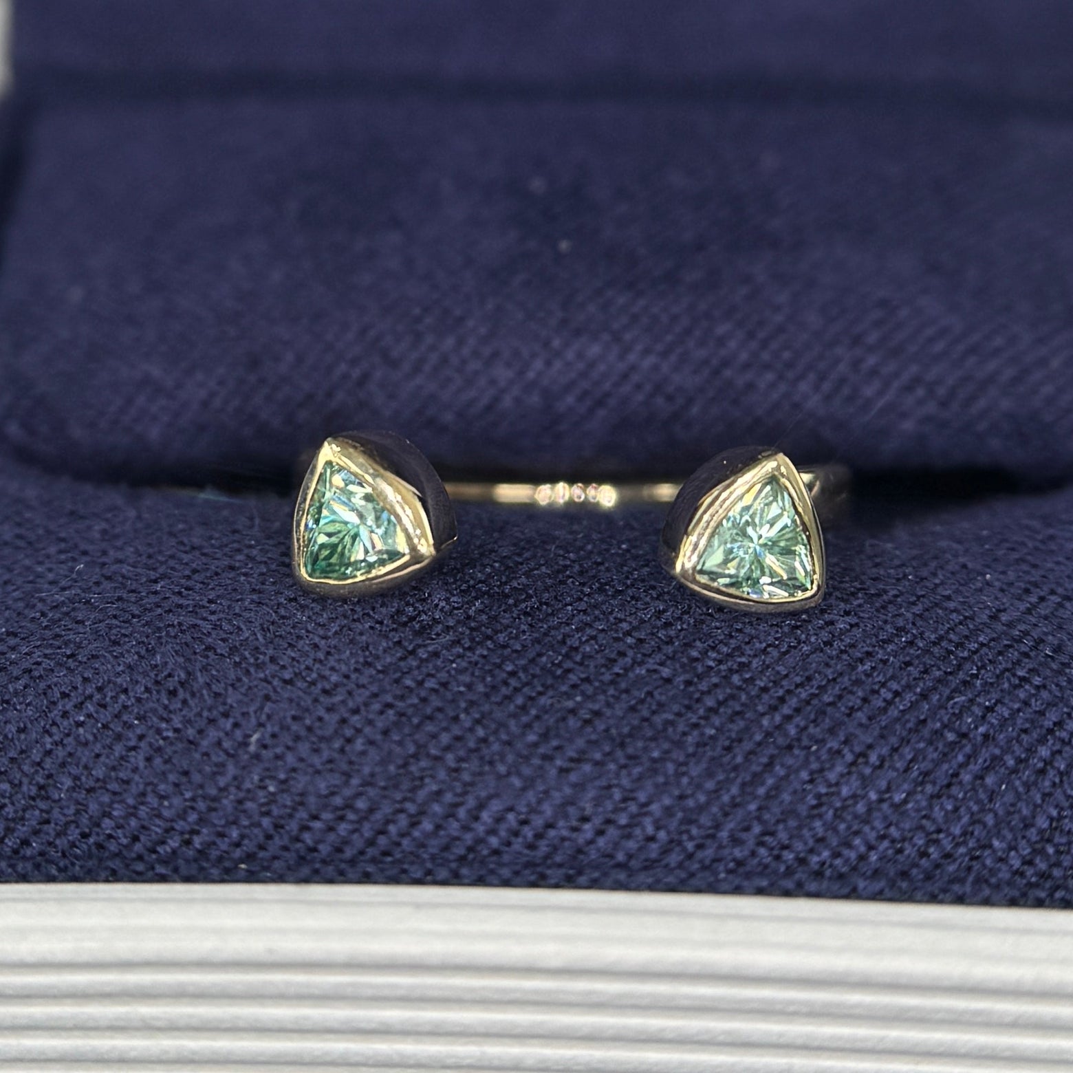 14k Yellow Gold and 2pc Trillion Custom-cut Green Moissanites on Open Nesting Band