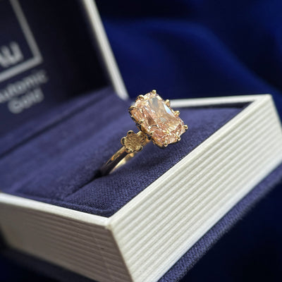 14k Yellow Gold and 3.46ct Baby Pink Diamond with Two Gulmohar Flowers on Tapered Band Custom Ring, size 7