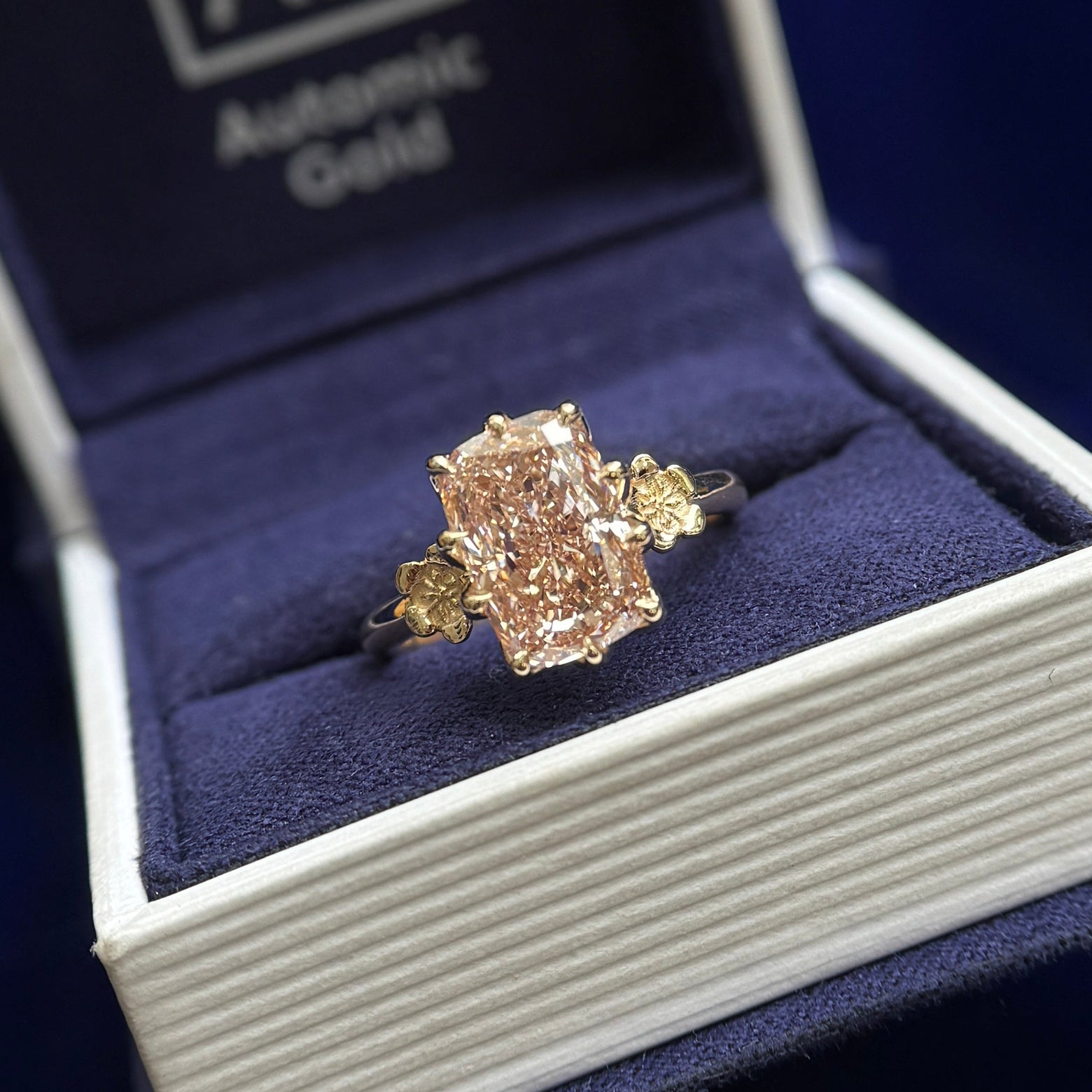14k Yellow Gold and 3.46ct Baby Pink Diamond with Two Gulmohar Flowers on Tapered Band Custom Ring, size 7