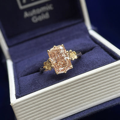 14k Yellow Gold and 3.46ct Baby Pink Diamond with Two Gulmohar Flowers on Tapered Band Custom Ring, size 7