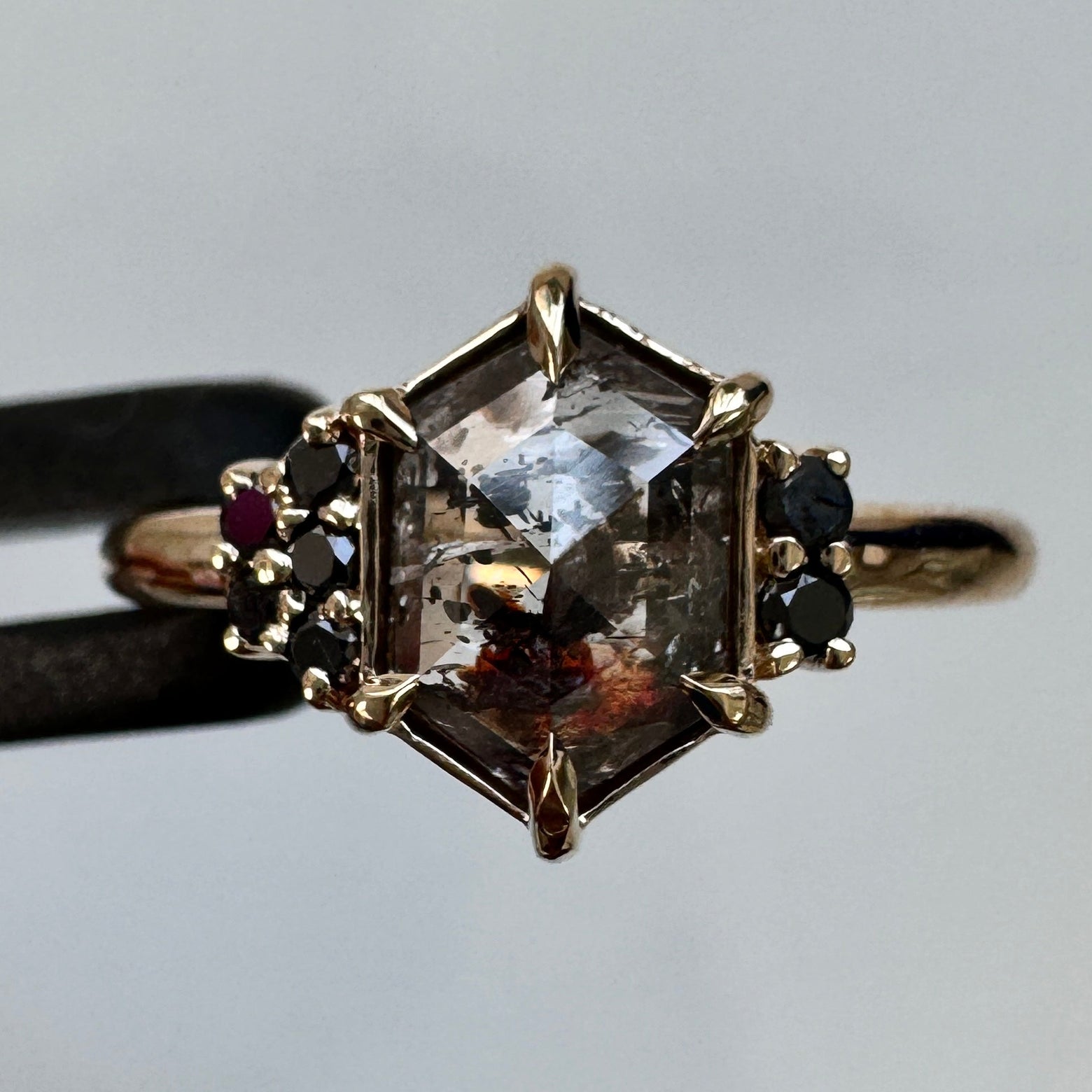 14k Yellow Gold Claw-prongs-set 1.40ct 8.8x6mm Hexagon Unique Red and Black Inclusions Salt-and-pepper Diamond with 7pc Asymmetrical Round Black Diamonds Cluster Custom Ring, size 7.5