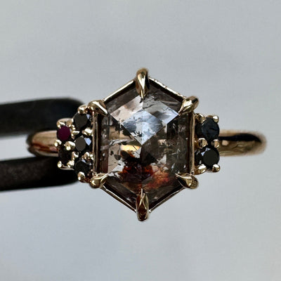 14k Yellow Gold Claw-prongs-set 1.40ct 8.8x6mm Hexagon Unique Red and Black Inclusions Salt-and-pepper Diamond with 7pc Asymmetrical Round Black Diamonds Cluster Custom Ring, size 7.5