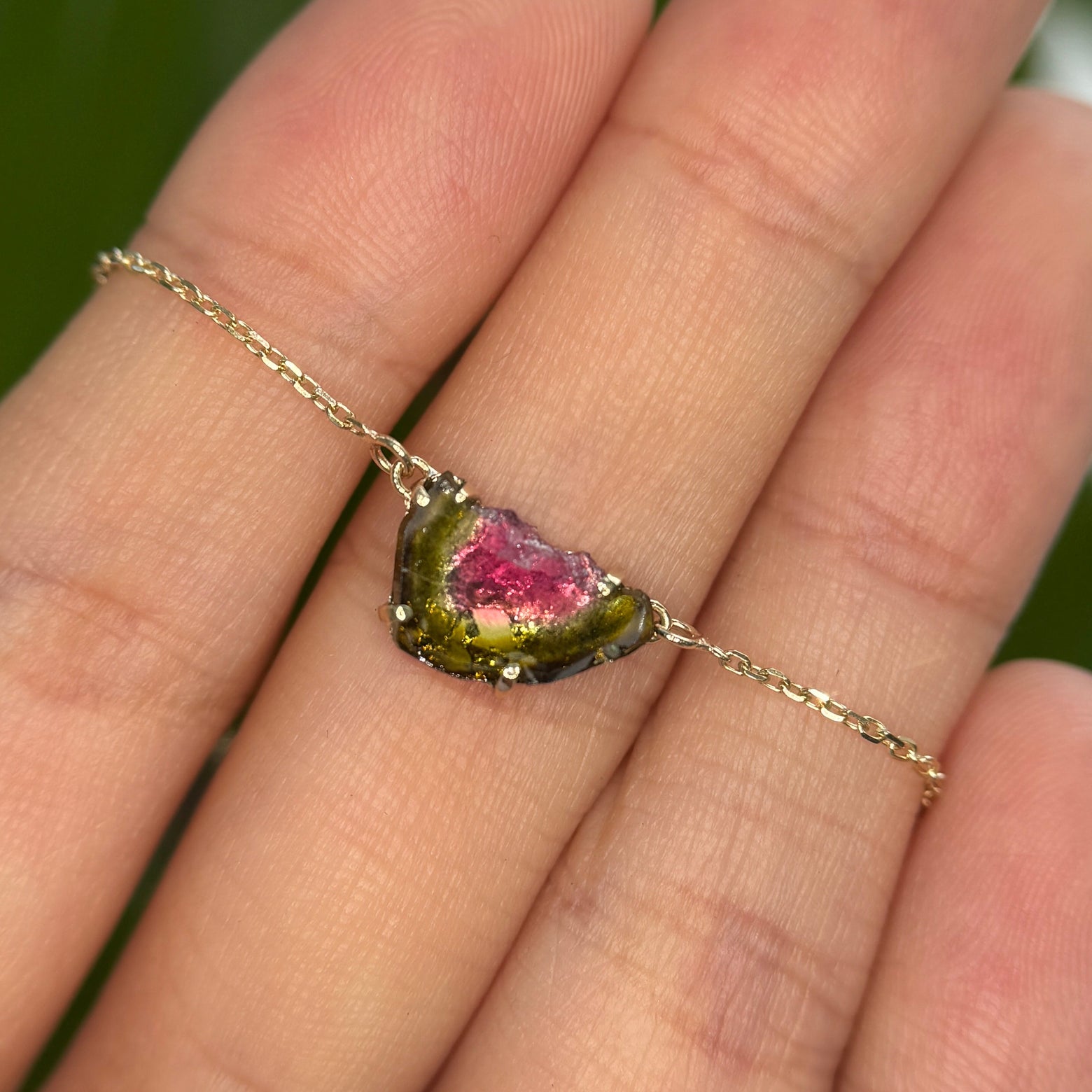 14k Yellow Gold Medium Cable Chain Adjustable 18inch - 20inch and Watermelon Tourmaline Prongs set and Soldered Horizontally Along the Chain