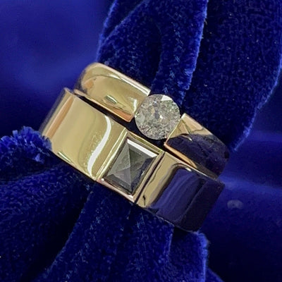 14k Yellow Gold  Round and Square Diamonds Thick Band Custom Partners Rings Set
