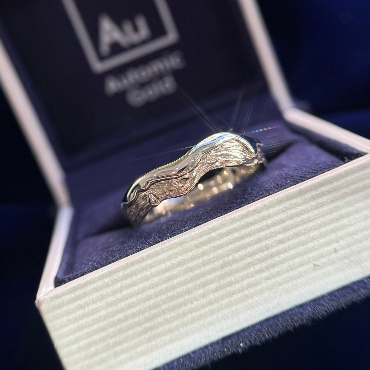 14k White Gold Liquid Band Melting Effect on 14k Champagne Gold Textured Braches Custom Ring, size 10
