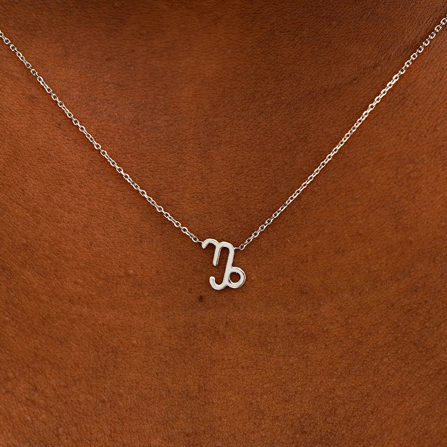 Close up view of a model's neck wearing a solid 14k white gold Capricorn Horoscope Necklace