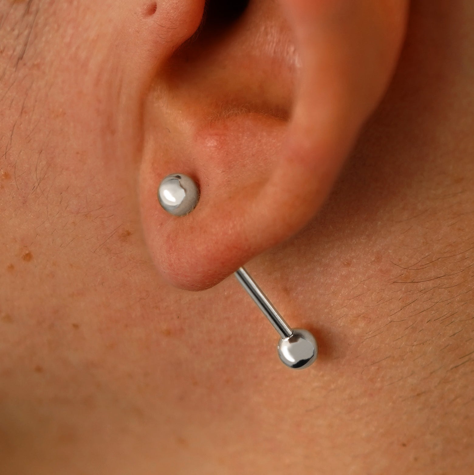 Close up view of a model's ear wearing a 14k white gold Large Straight Barbell through a lobe piercing