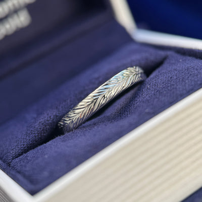 14k White Gold 3.5mm Custom Leaves Three Fourths around Nesting Band, 4 grams, size 8