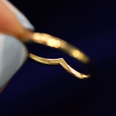 Underside view of a solid 14k gold Chevron Band