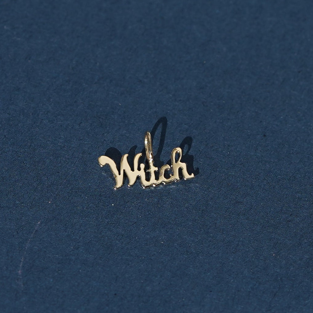 14k Yellow Gold Tiny Witch Cursive Text Font Custom Charm