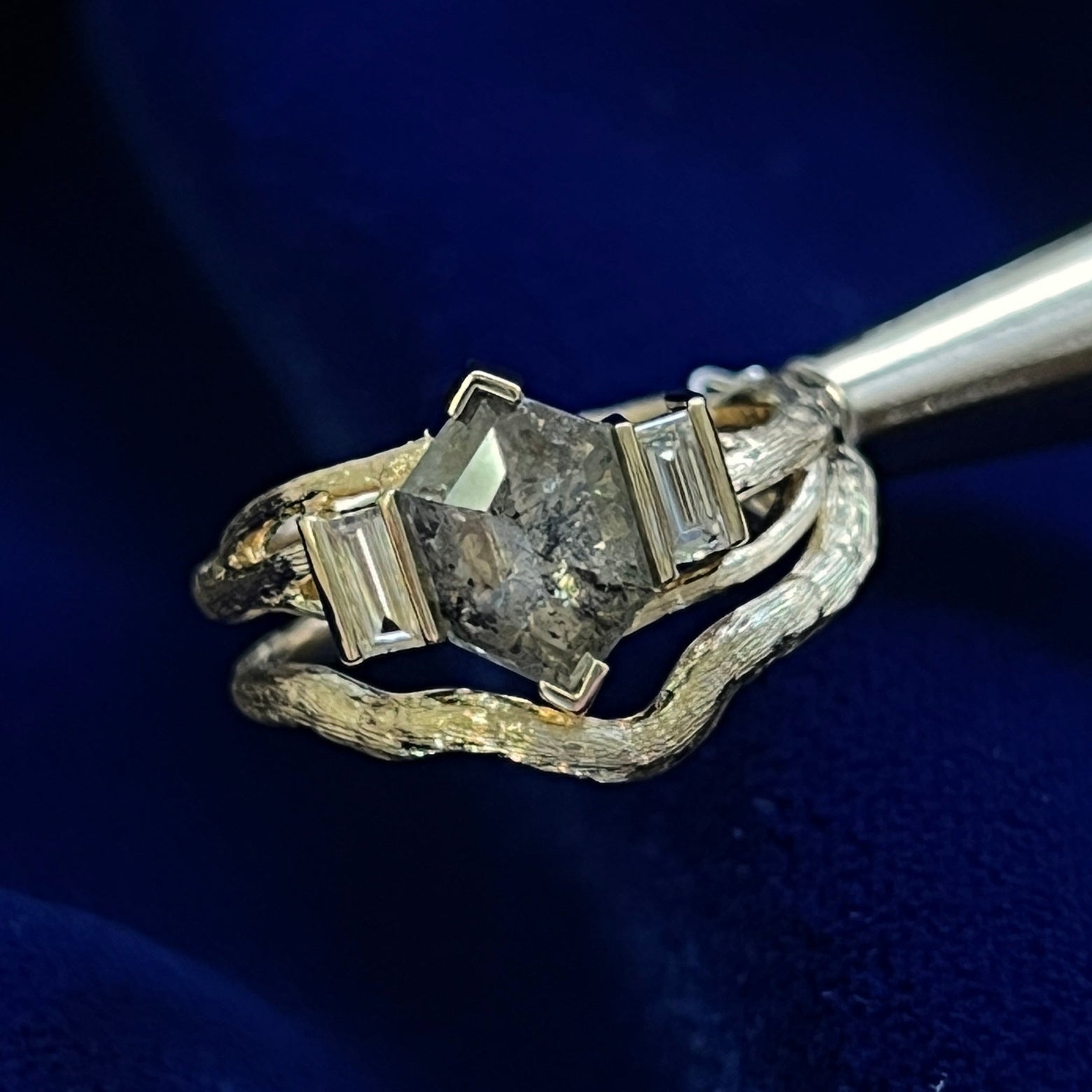 14k Yellow Gold Hexagon Gray and White Baguettes Diamonds Branches Custom Rings Set