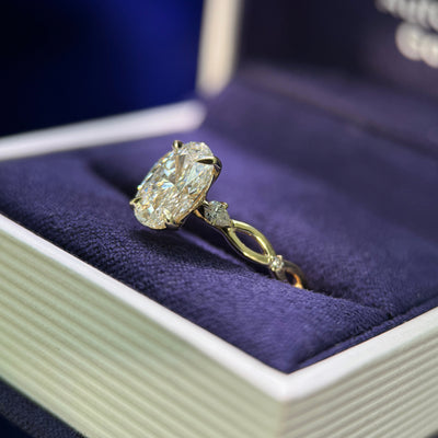 14k Yellow Gold and High-set 1.5ct Oval Lab Diamond with 3x2mm Pear and 2pc Round Lab Diamonds on Open Double Loop Band Custom Ring, Size 7.25
