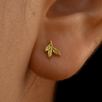 Close up view of a model's ear wearing a 14k yellow gold 3 Leaves Earring