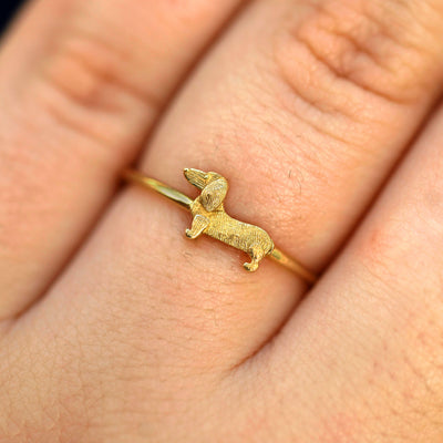 Close up view of a model's fingers wearing a 14k yellow gold Dog Ring