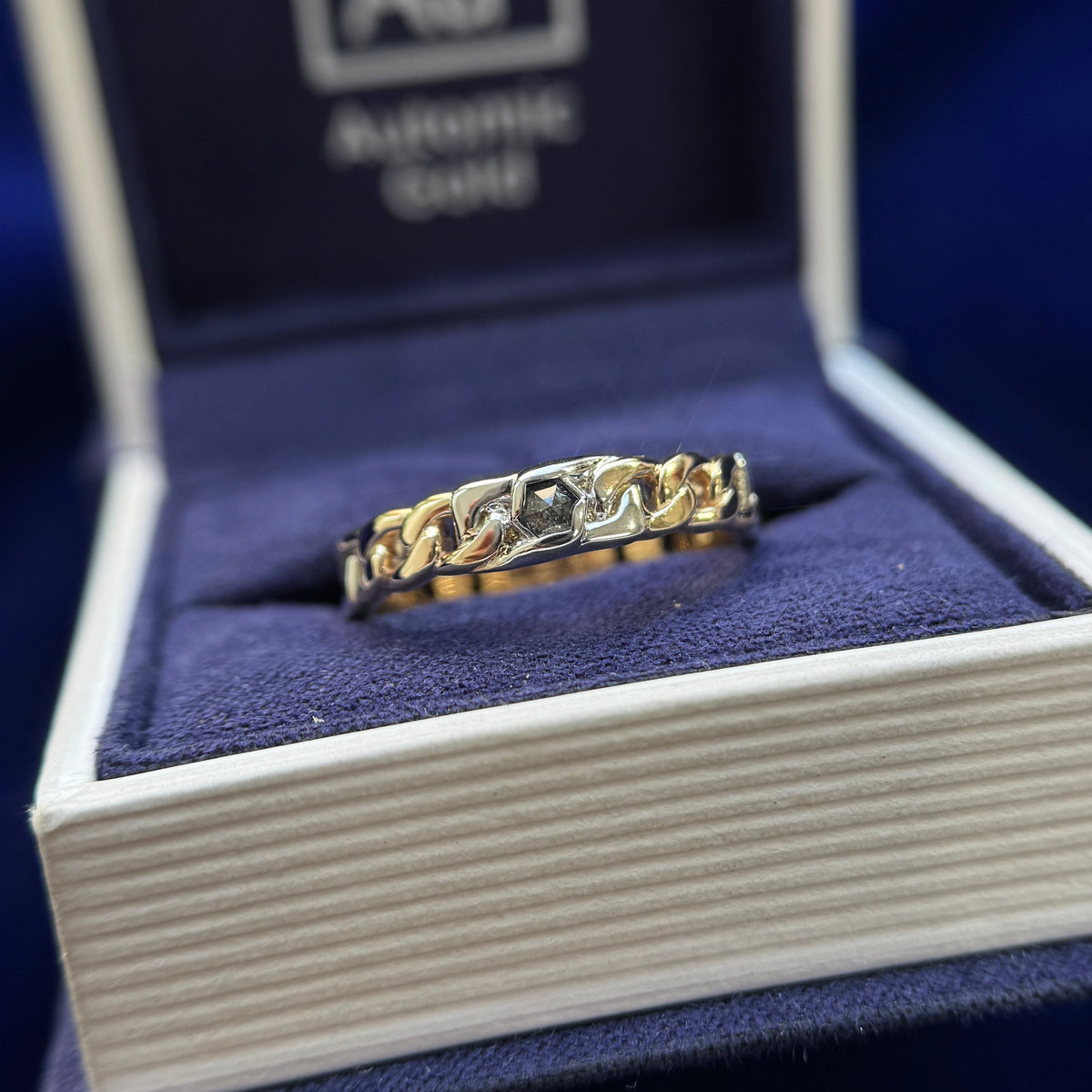 14k Yellow and White Gold Bezel-set Hexagon Salt and Pepper Diamond on 4mm Two-Tone Chain Custom Ring, Size 8.75