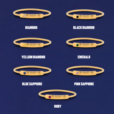 Seven versions of the Gemstone Bar Ring showing all the gemstone options laid out on a dark blue background