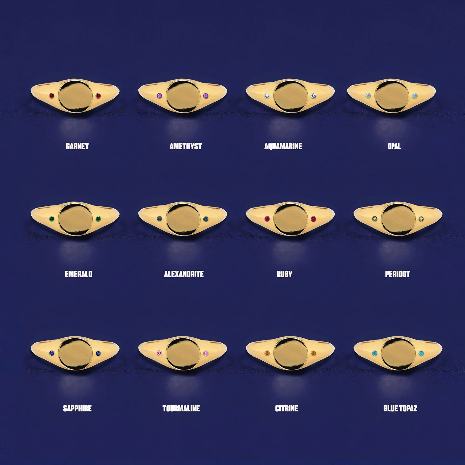 Twelve versions of the solid yellow gold Gemstone Signet Ring showing all of the different stone options
