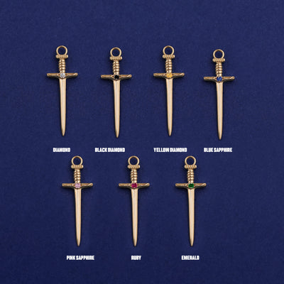 Seven versions of the Sword Charm showing all the gemstone options laid out on a dark blue background